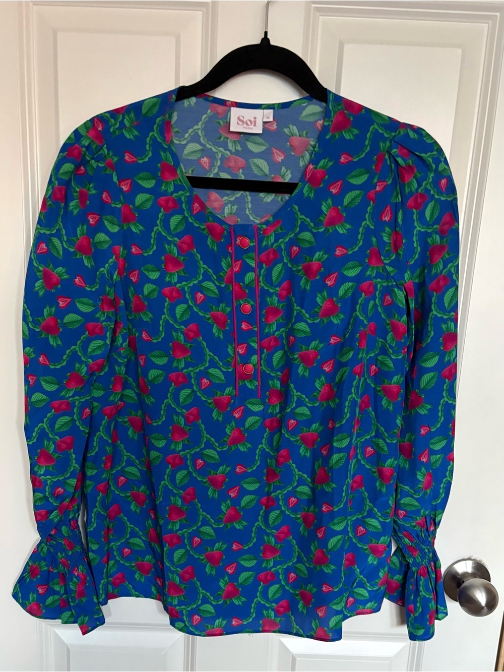 SO Blue Floral Long Sleeve Henley Blouse with Pink & Green Floral Print